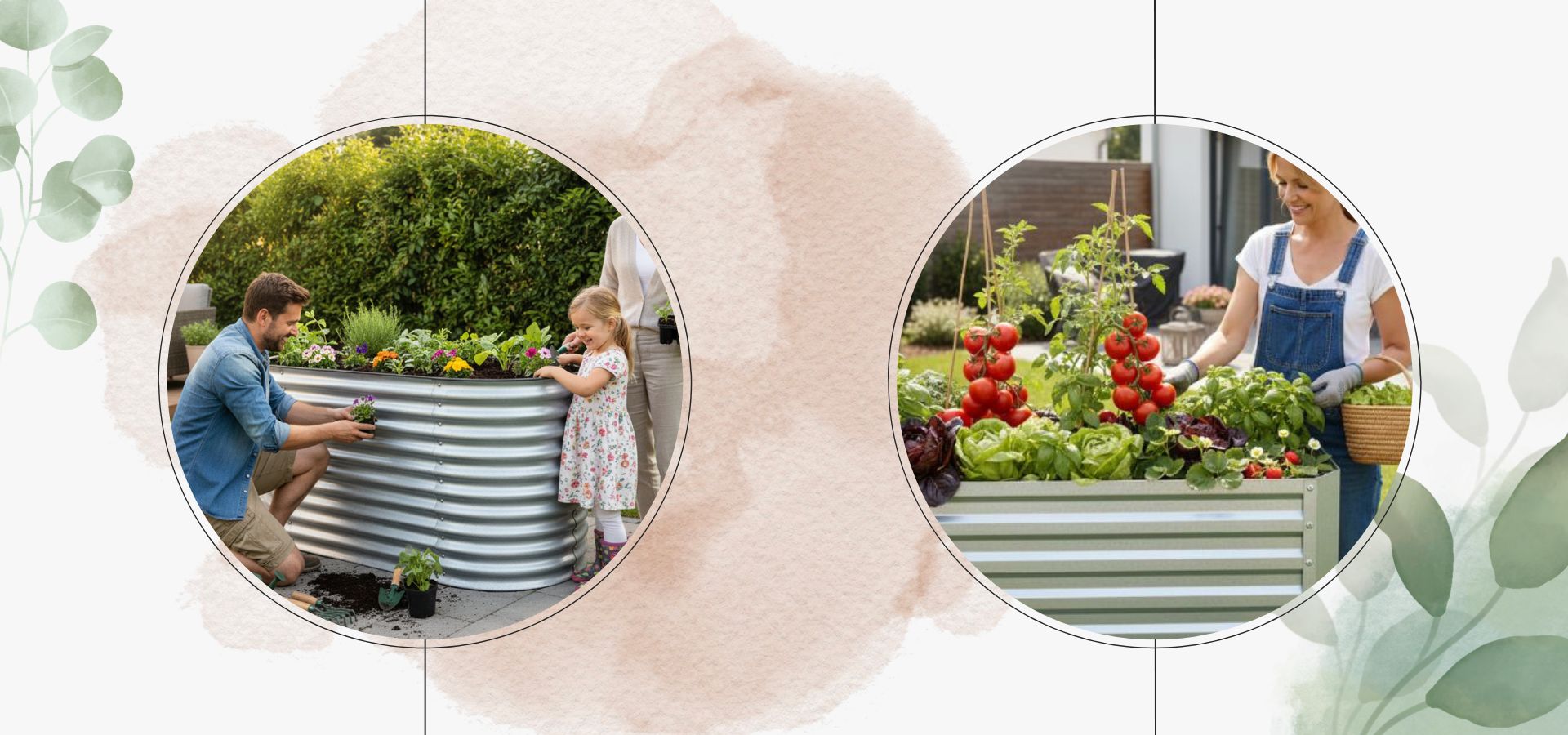 Verzinktes Metall-Hochbeet im Garten mit Blumen, Gemüse und Kräutern. Familie beim Bepflanzen und Ernten frischer Lebensmittel aus dem Hochbeet.
