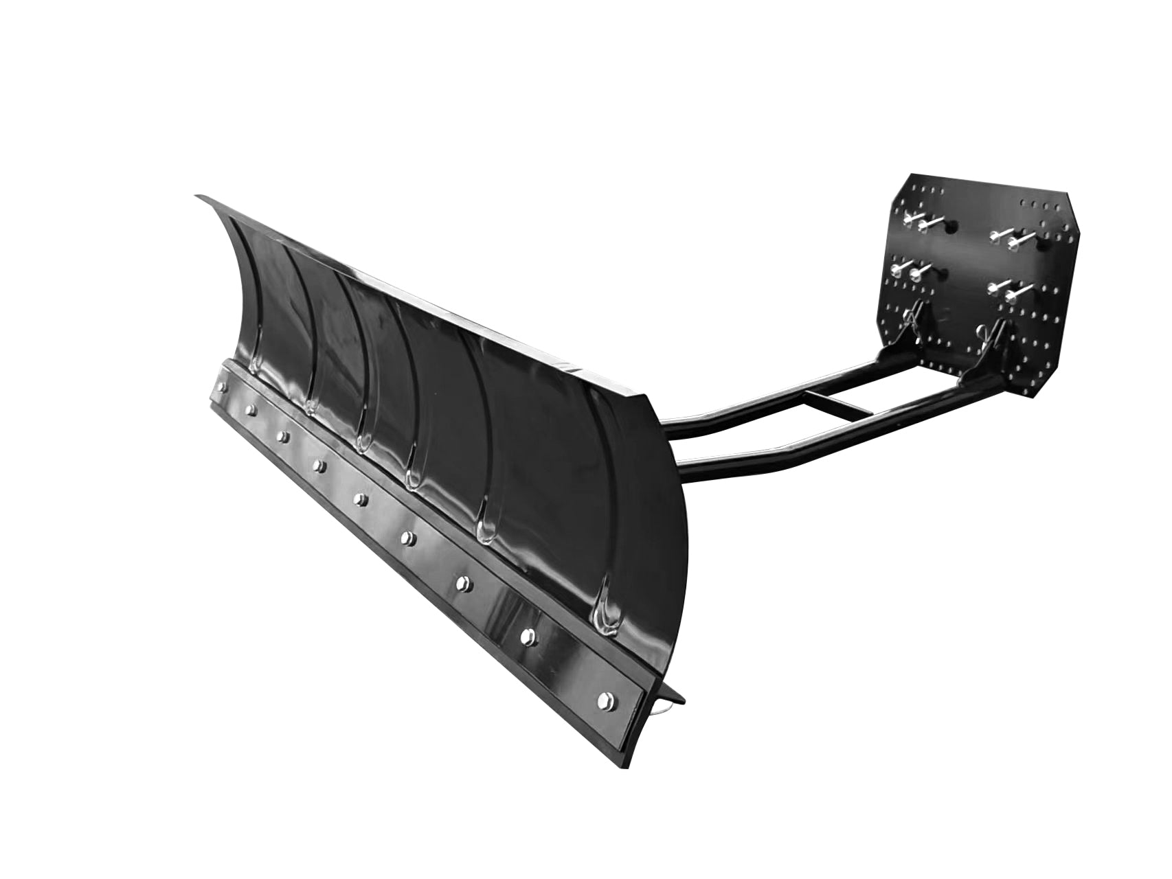 Schneeschild aus Metall mit gebogener Klinge, robustem Rahmen und Befestigungsplatte.