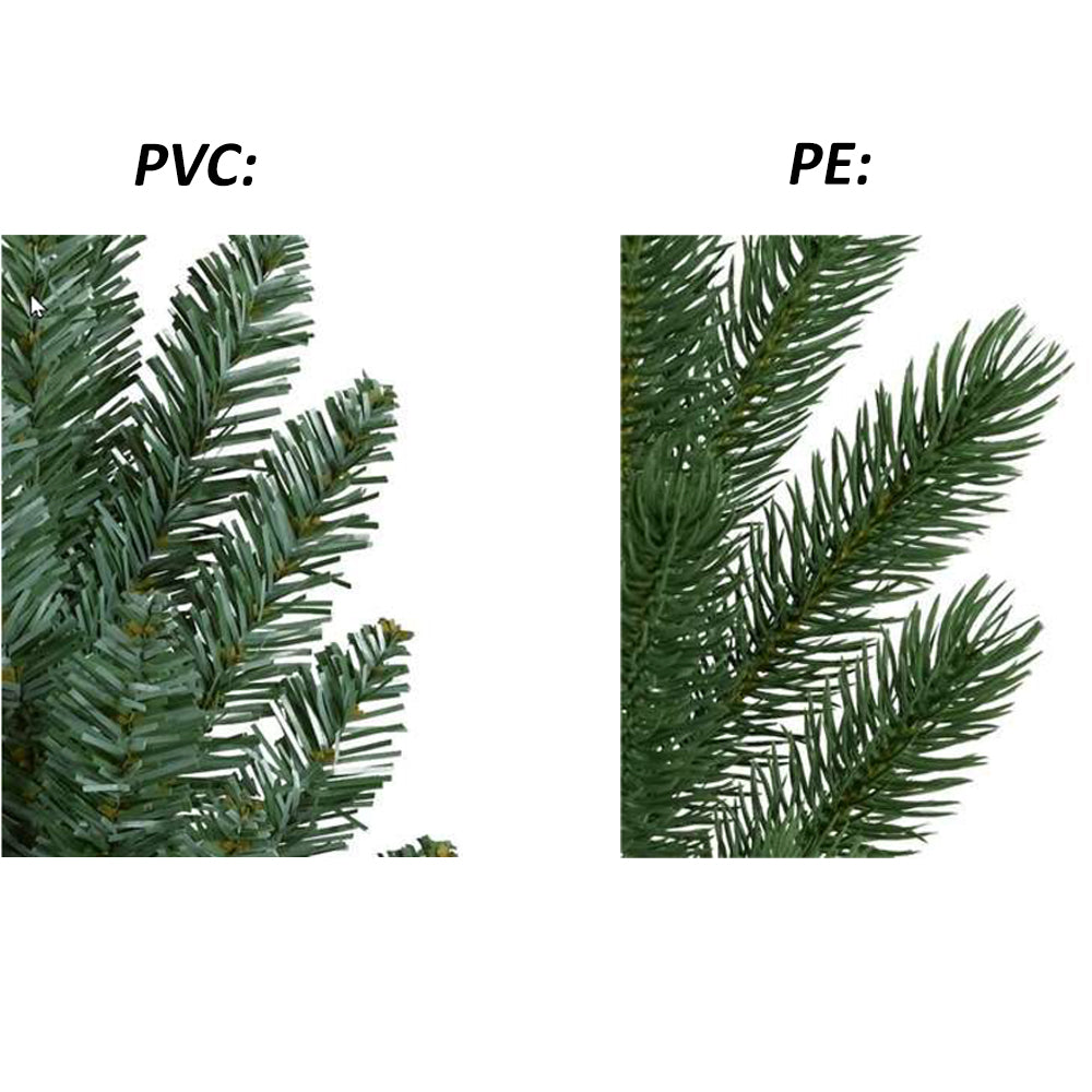 Vergleich von künstlichen Tannenzweigen: links PVC mit flachen Nadeln, rechts PE mit runden Nadeln.