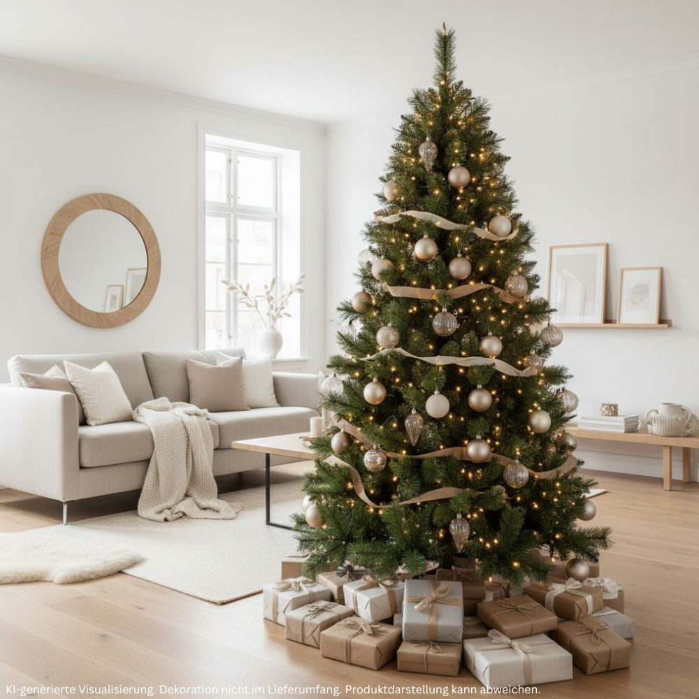 Schmaler künstlicher Weihnachtsbaum SLIM Colorado-Mix, 180 cm hoch, festlich mit Lichtern und Weihnachtskugeln dekoriert