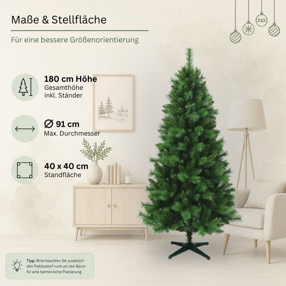 Maße des schmalen künstlichen Weihnachtsbaums SLIM Colorado-Mix: 180 cm hoch, 91 cm Durchmesser und 40 x 40 cm Standfläche
