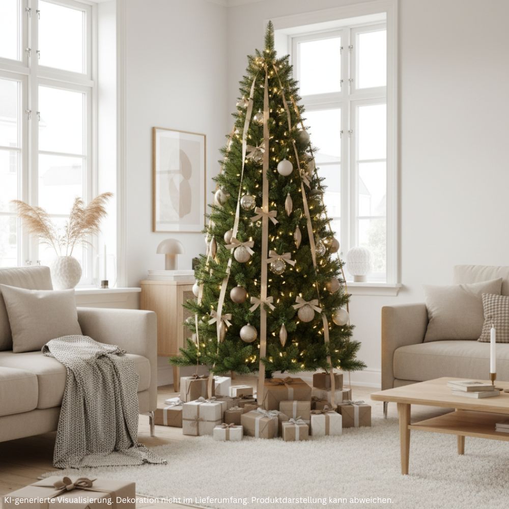 Schmaler künstlicher Weihnachtsbaum SLIM Colorado-Mix, 210 cm hoch, festlich mit Lichtern und Weihnachtskugeln dekoriert