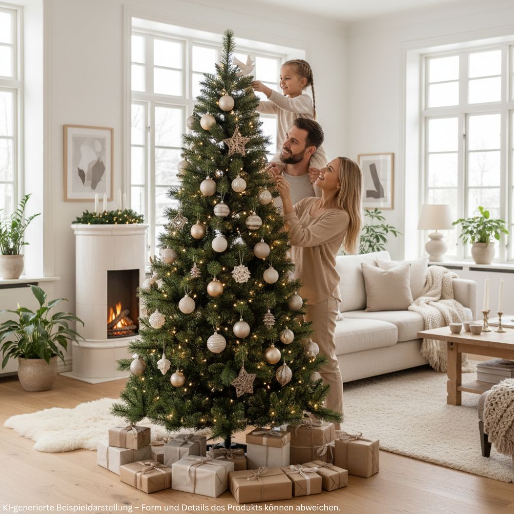 Familie beim Schmücken des schmalen künstlichen Weihnachtsbaums SLIM Colorado-Mix, 210 cm hoch