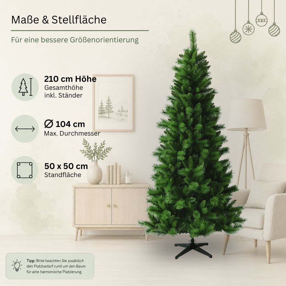 Maße des schmalen künstlichen Weihnachtsbaums SLIM Colorado-Mix: 210 cm hoch, 104 cm Durchmesser und 50 x 50 cm Standfläche