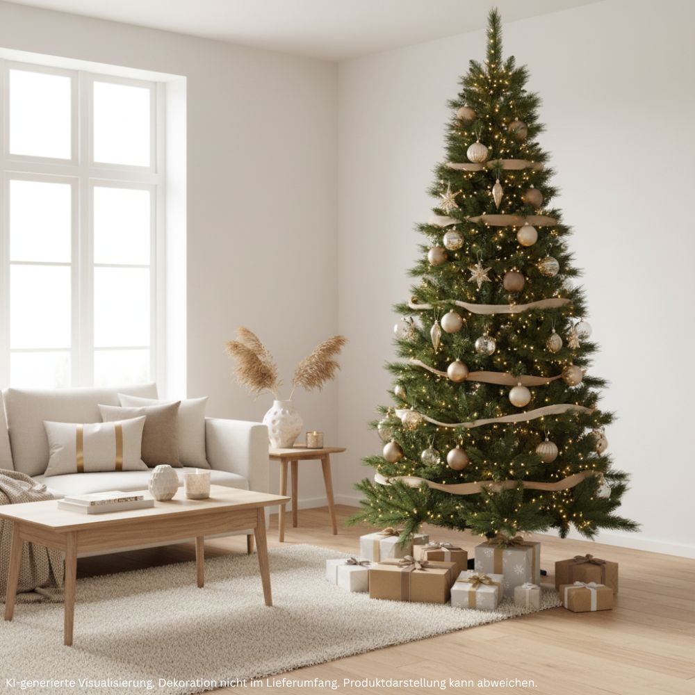 Schmaler künstlicher Weihnachtsbaum SLIM Colorado-Mix, 240 cm hoch, festlich mit Lichtern und Weihnachtskugeln dekoriert