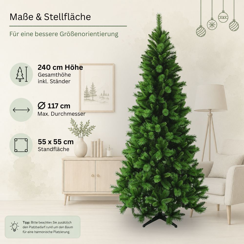 Maße des schmalen künstlichen Weihnachtsbaums SLIM Colorado-Mix: 240 cm hoch, 117 cm Durchmesser und 55 x 55 cm Standfläche