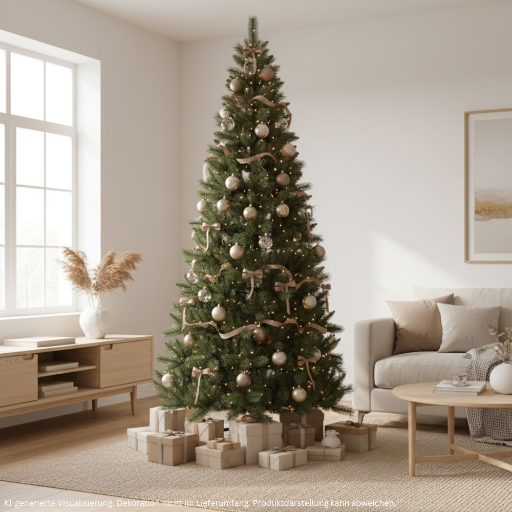 Schmaler künstlicher Weihnachtsbaum SLIM Colorado-Mix, 270 cm hoch, festlich mit Lichtern und Weihnachtskugeln dekoriert