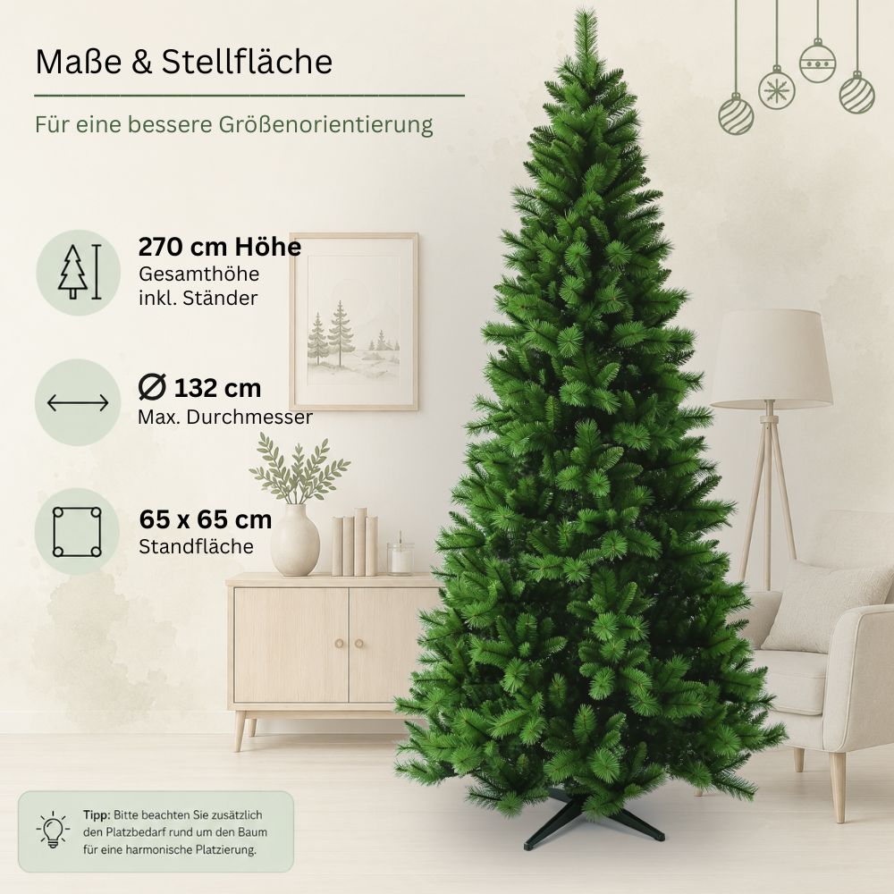 Maße des schmalen künstlichen Weihnachtsbaums SLIM Colorado-Mix: 270 cm hoch, 132 cm Durchmesser und 65 x 65 cm Standfläche