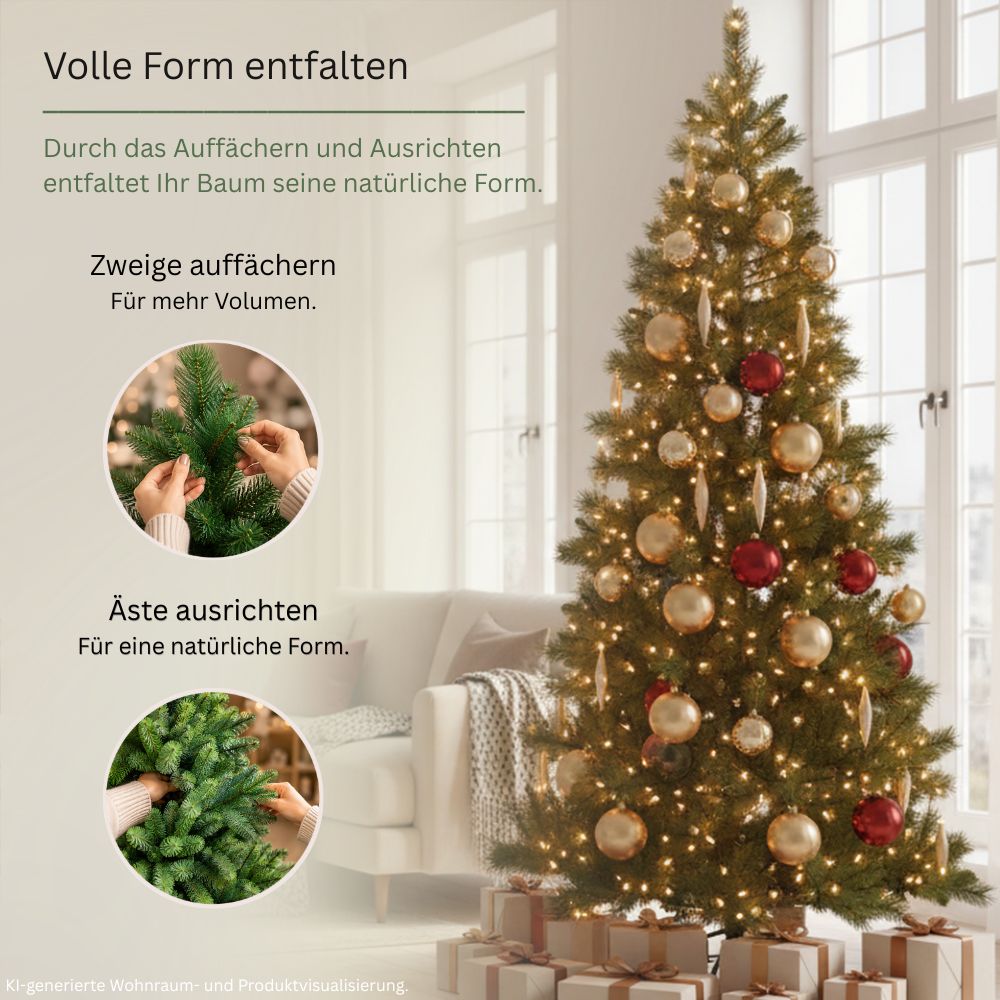 Schmaler künstlicher Weihnachtsbaum SLIM Colorado-Mix mit aufgefächerten und ausgerichteten Zweigen für eine volle, natürliche Form
