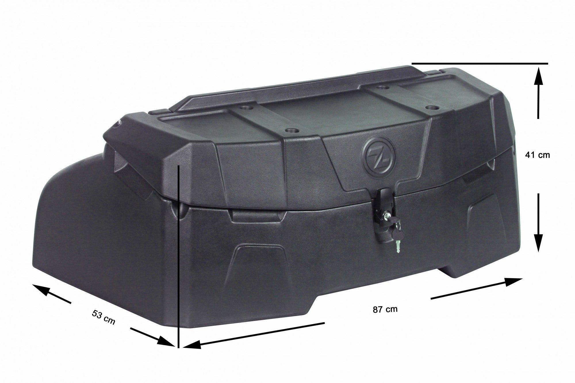 Schwarzer ATV-Koffer mit Metallverschluss und Schloss, ideal für Gepäckträger.