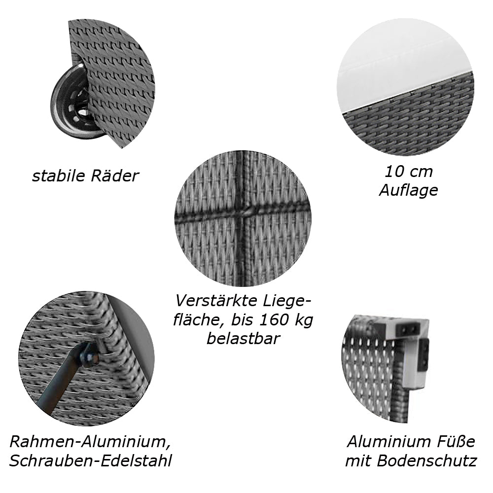 Detailansicht der hochwertigen Materialien und Funktionen der Sonnenliege. Grau
