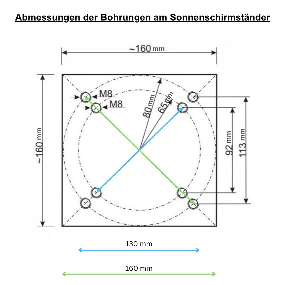 Technische Zeichnung einer 160 × 160 mm Ankerplatte für Ampelschirm-Bodenmontage mit vier M8-Befestigungsbohrungen, Lochkreis und Maßangaben.