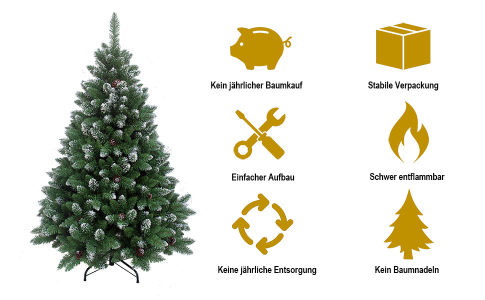Künstlicher Weihnachtsbaum mit Symbolen für Vorteile wie Aufbau, Wiederverwendung und Brandschutz. 180 cm