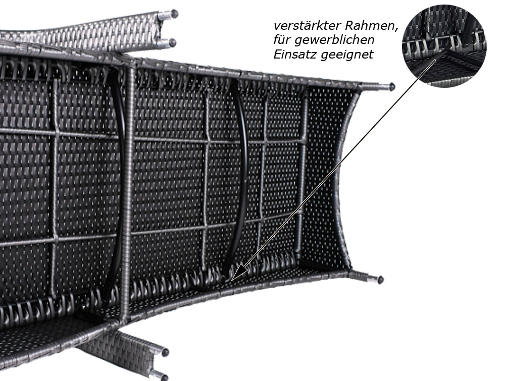 Detailansicht verstärkter Rahmen einer Sonnenliege aus braunrm Poly-Rattan. Grau / Grau.
