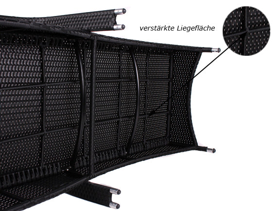 Verstärkte Liegefläche der Sonnenliege, Untergestell aus robustem Aluminium und Poly-Rattan. Schwarz / Grau