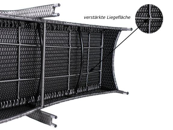 Verstärkte Liegefläche der Sonnenliege, Untergestell aus robustem Aluminium und Poly-Rattan. Grau / Silber