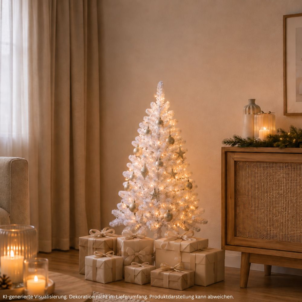 Weißer künstlicher Weihnachtsbaum Snowflake, 120 cm hoch, festlich mit Lichtern und Weihnachtskugeln dekoriert