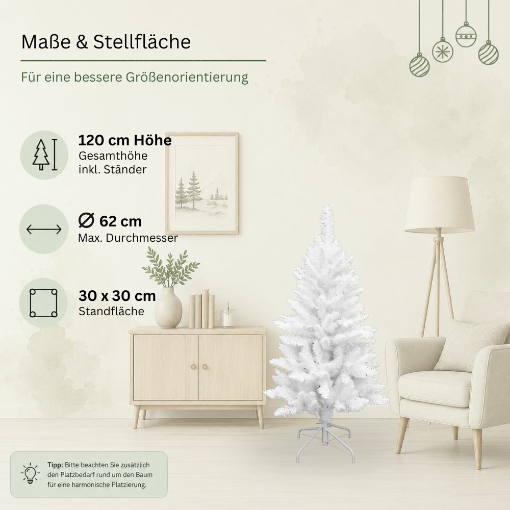 Maße des weißen künstlichen Weihnachtsbaums Snowflake: 120 cm hoch, 62 cm Durchmesser und 30 x 30 cm Standfläche