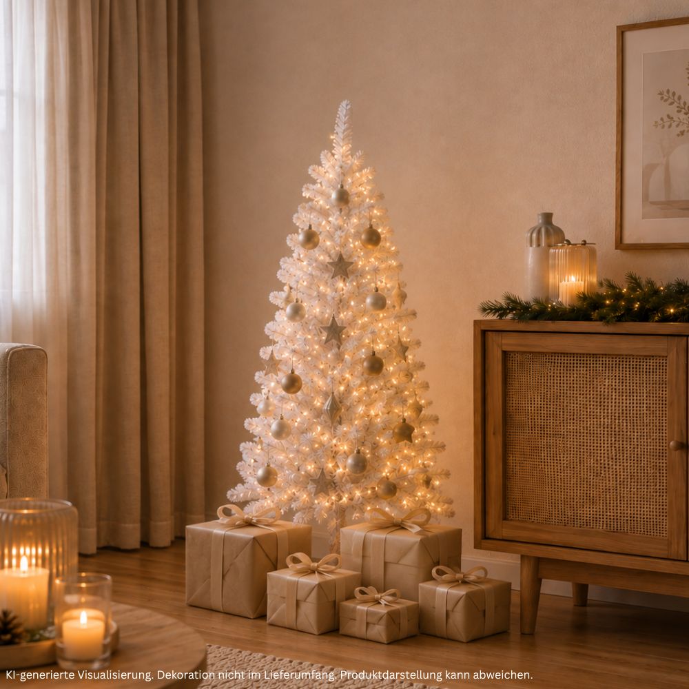 Weißer künstlicher Weihnachtsbaum Snowflake, 150 cm hoch, festlich mit Lichtern und Weihnachtskugeln dekoriert