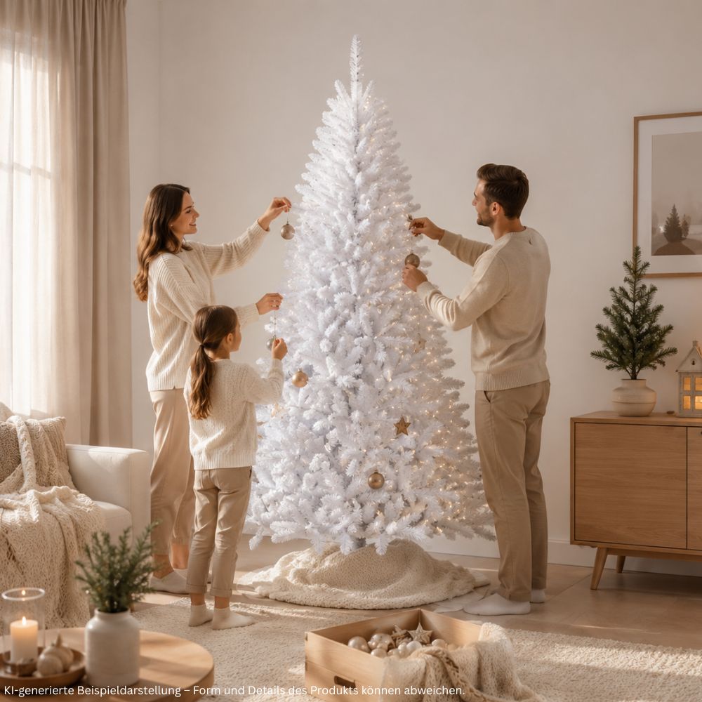 Familie beim gemeinsamen Schmücken eines weißen künstlichen Weihnachtsbaums mit 150 cm Höhe