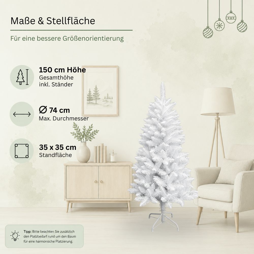 Maße des weißen künstlichen Weihnachtsbaums Snowflake: 150 cm hoch, 74 cm Durchmesser und 35 x 35 cm Standfläche