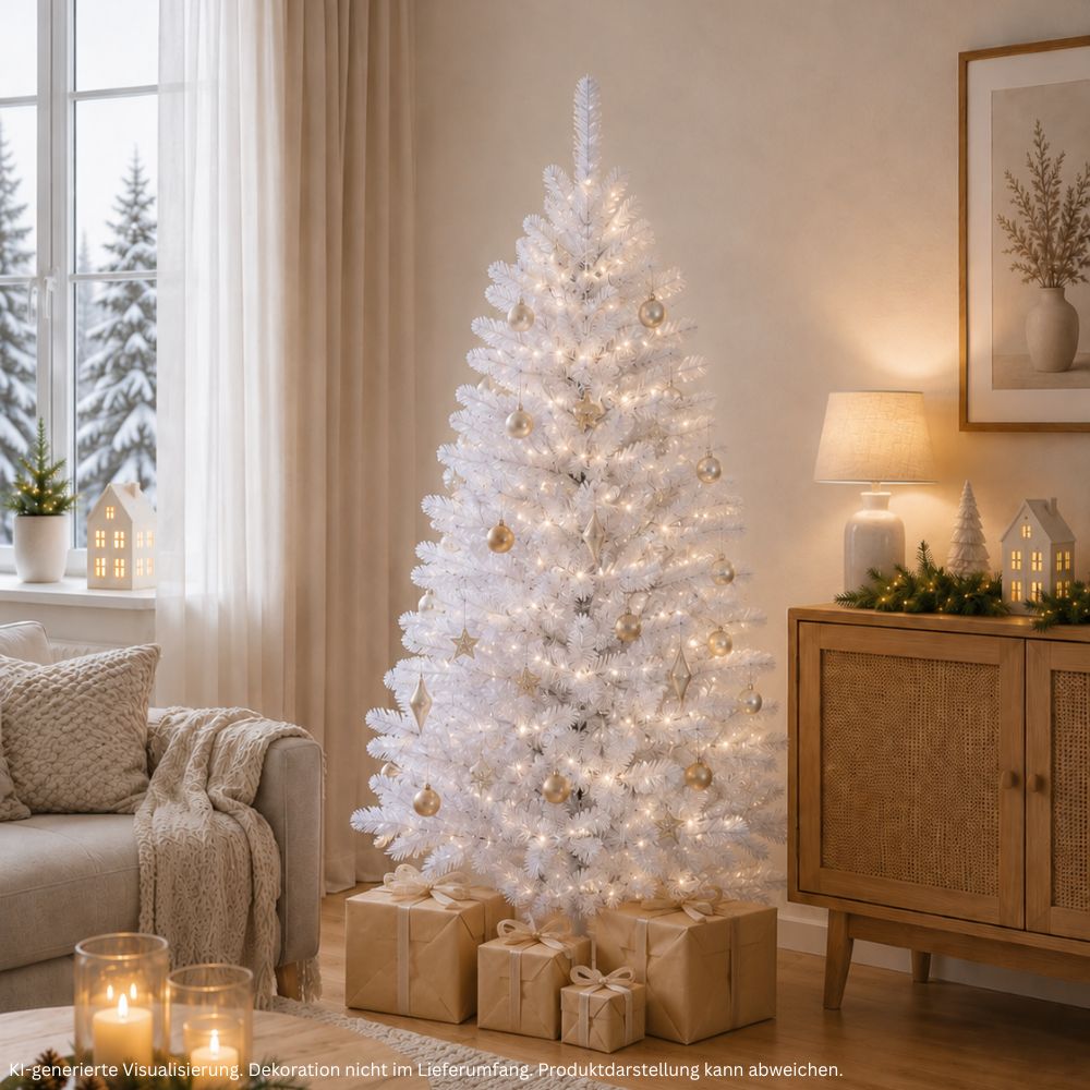 Weißer künstlicher Weihnachtsbaum Snowflake, 180 cm hoch, festlich mit Lichtern und Weihnachtskugeln dekoriert