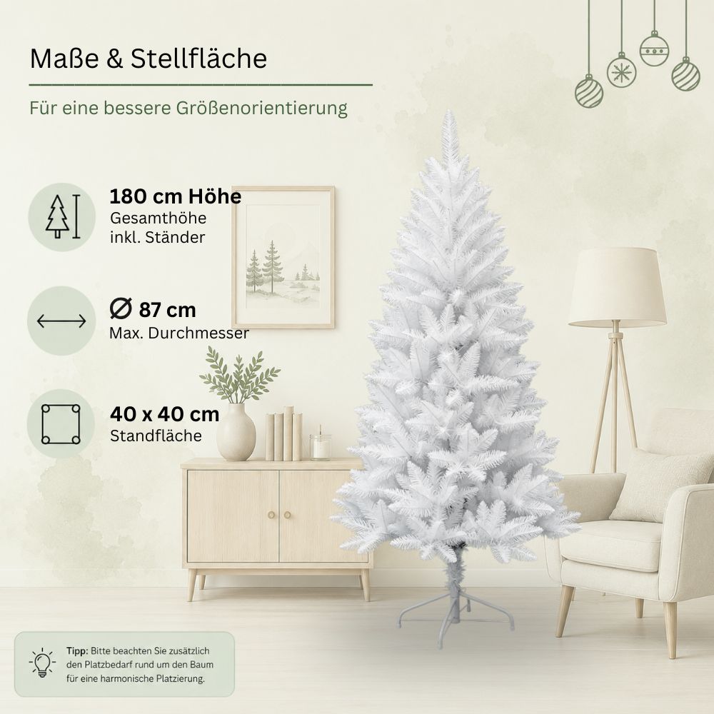 Maße des weißen künstlichen Weihnachtsbaums Snowflake: 180 cm hoch, 87 cm Durchmesser und 40 x 40 cm Standfläche