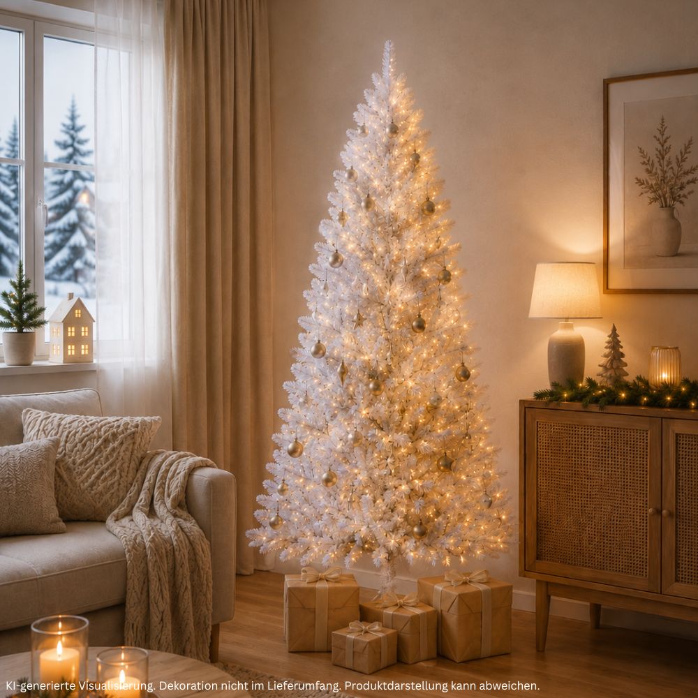 Weißer künstlicher Weihnachtsbaum Snowflake, 210 cm hoch, festlich mit Lichtern und Weihnachtskugeln dekoriert