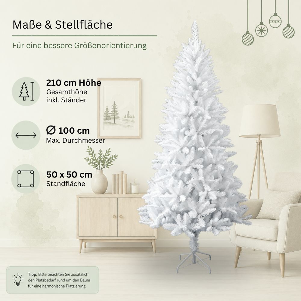 Maße des weißen künstlichen Weihnachtsbaums Snowflake: 210 cm hoch, 100 cm Durchmesser und 50 x 50 cm Standfläche