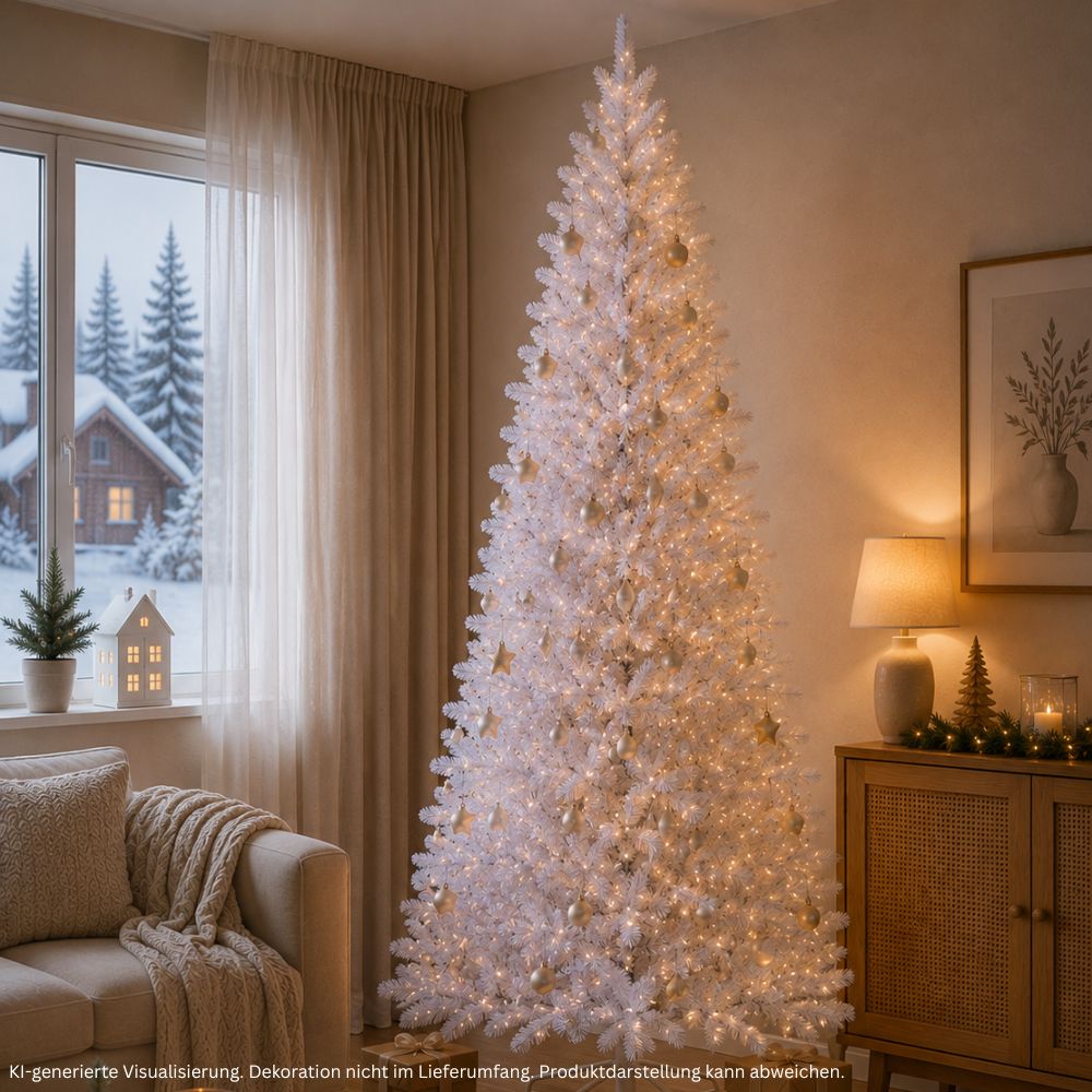 Weißer künstlicher Weihnachtsbaum Snowflake, 240 cm hoch, festlich mit Lichtern und Weihnachtskugeln dekoriert