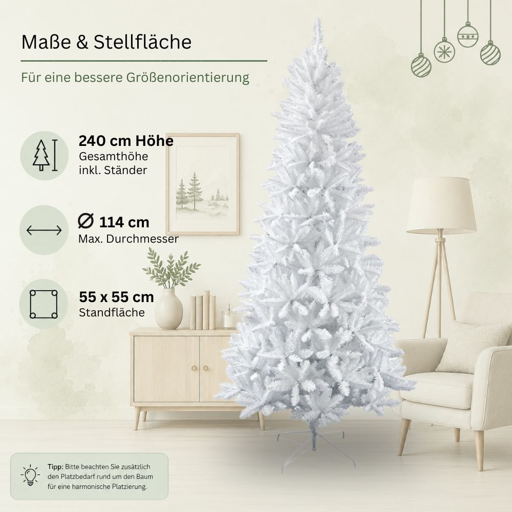 Maße des weißen künstlichen Weihnachtsbaums Snowflake: 240 cm hoch, 114 cm Durchmesser und 55 x 55 cm Standfläche