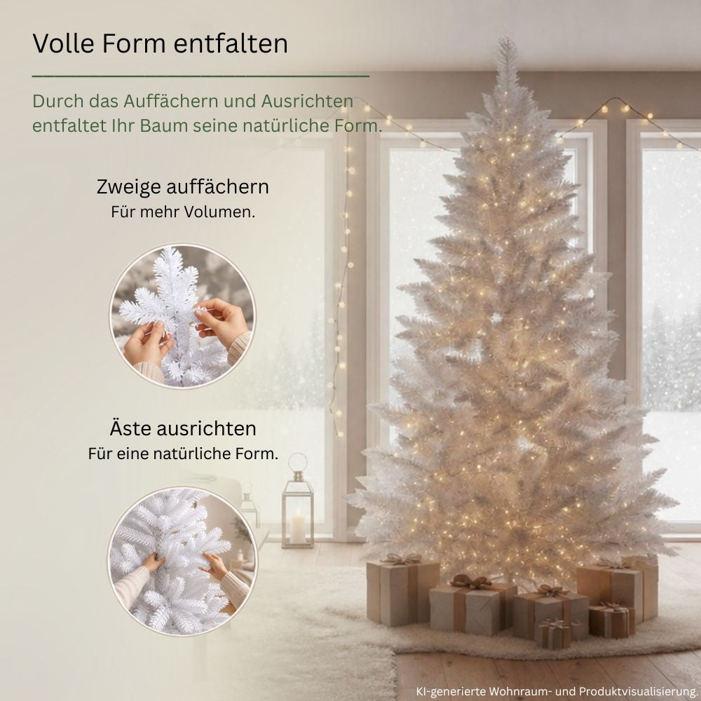 Weißer künstlicher Weihnachtsbaum mit aufgefächerten und ausgerichteten Zweigen für eine volle, natürliche Form 150 cm