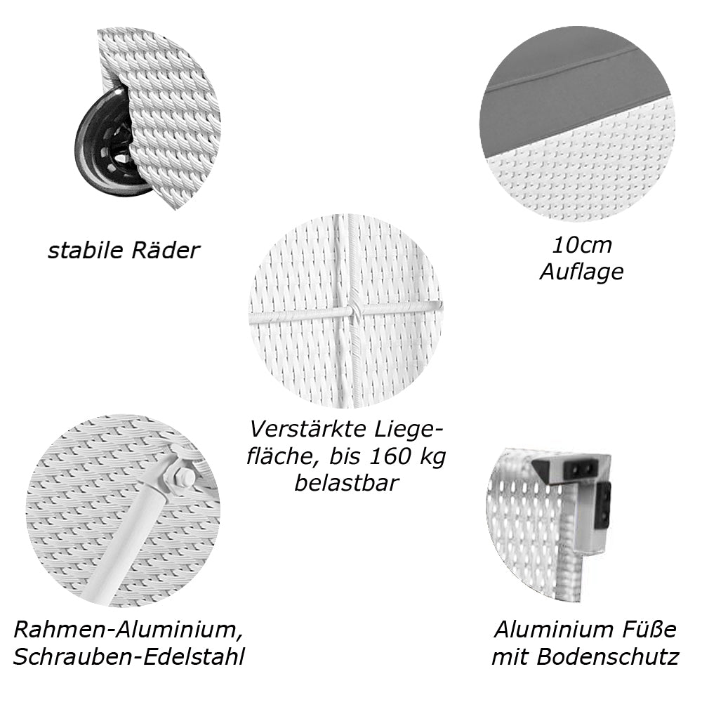 Detailansicht der hochwertigen Materialien und Funktionen der Sonnenliege. Weiß