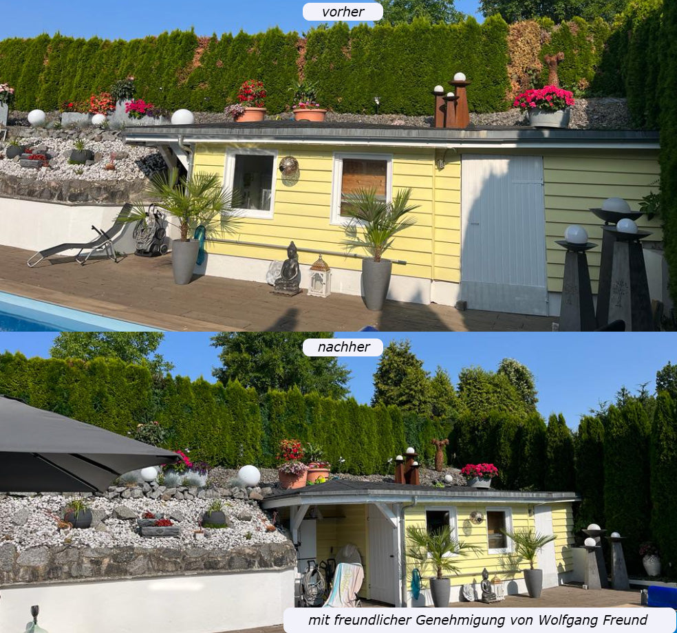Haus mit gelber Fassade, umgeben von dichter, grüner Hecke – Vorher-Nachher-Vergleich. 10L